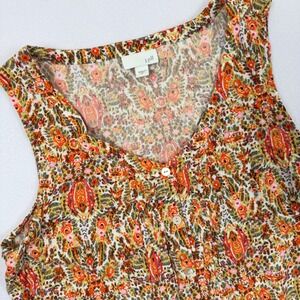 J. Jill Womens Medium Orange Multicolor Floral Rayon Sleeveless Button Front Top